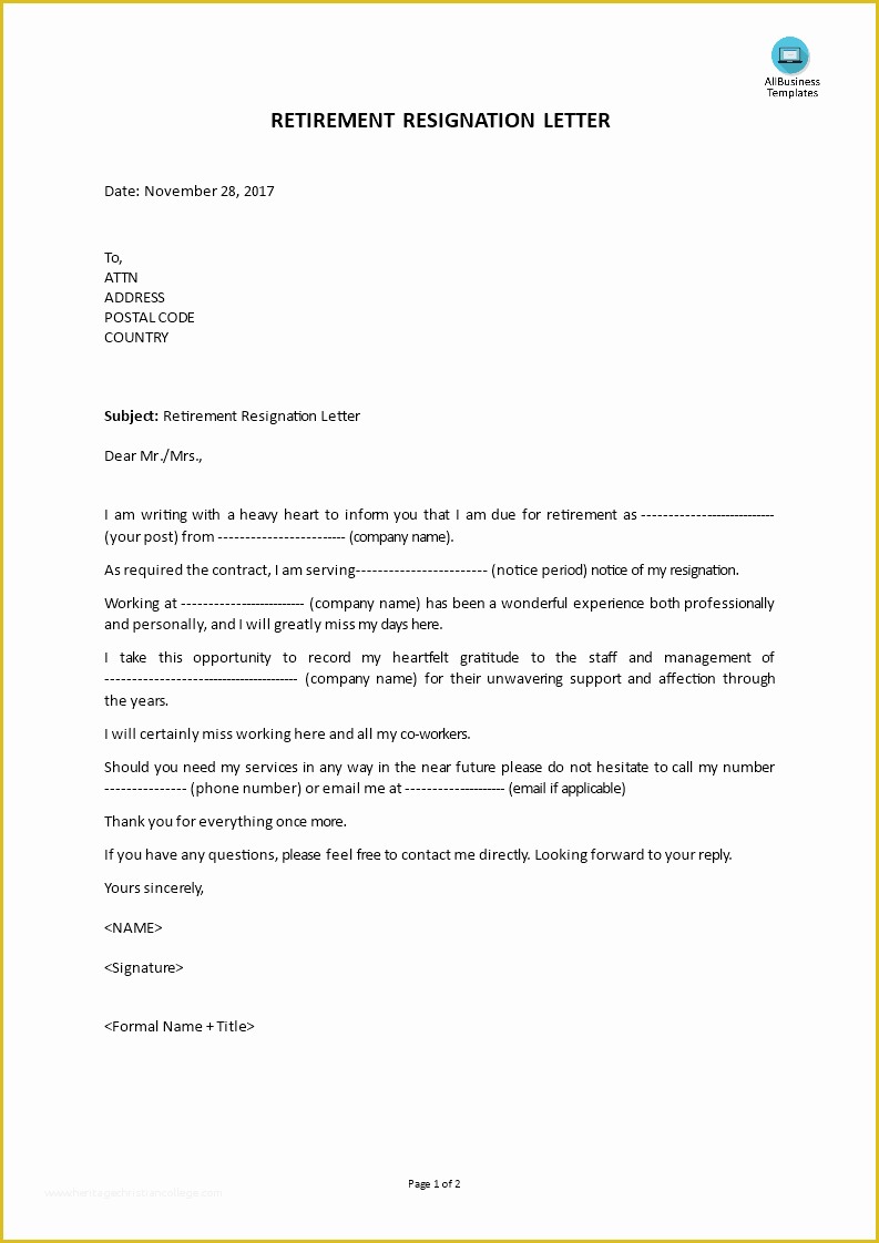 Resignation Letter Template Free Of Free Retirement Resignation Letter Template