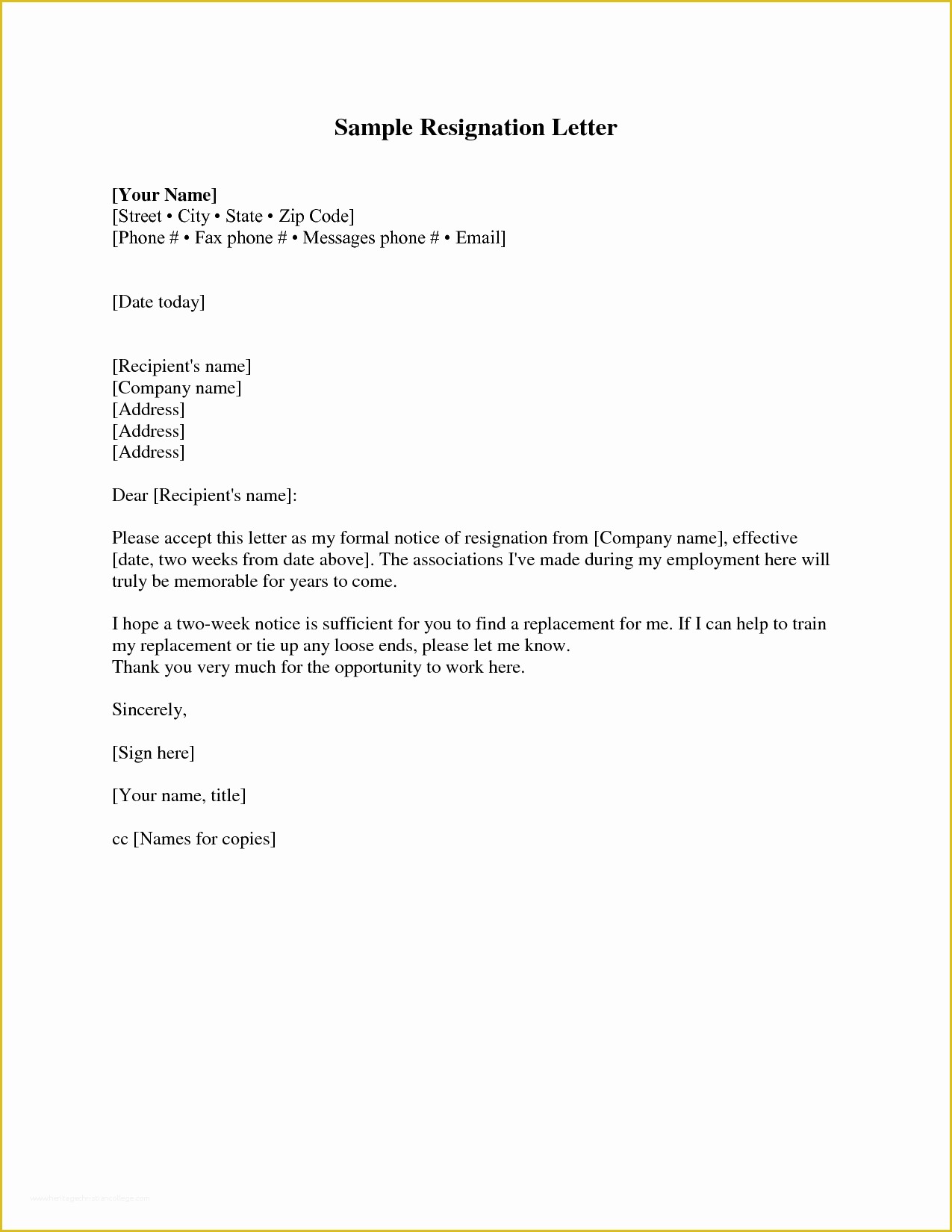 Resignation Letter Template Free Of Resignation Letter 2 Weeks Notice Resignation Letter