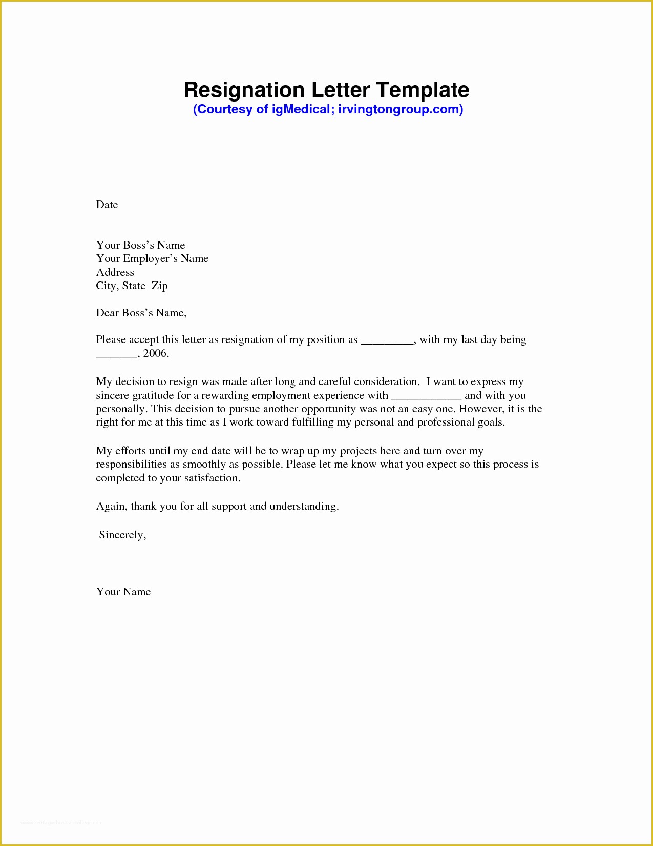 Resignation Letter Template Free Of Resignation Letter Template Free