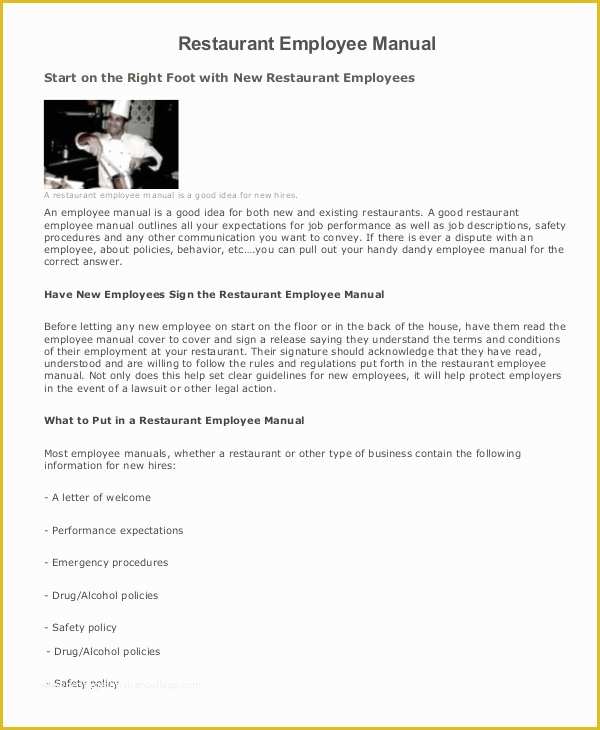 Restaurant Policy and Procedure Manual Template Free Of 8 Employee Manual Samples