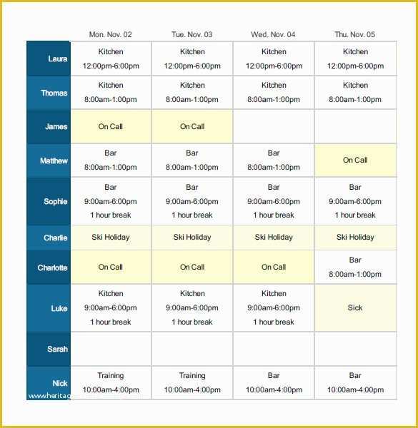 Restaurant Work Schedule Template Free Of Employee Shift Schedule Template 15 Free Word Excel