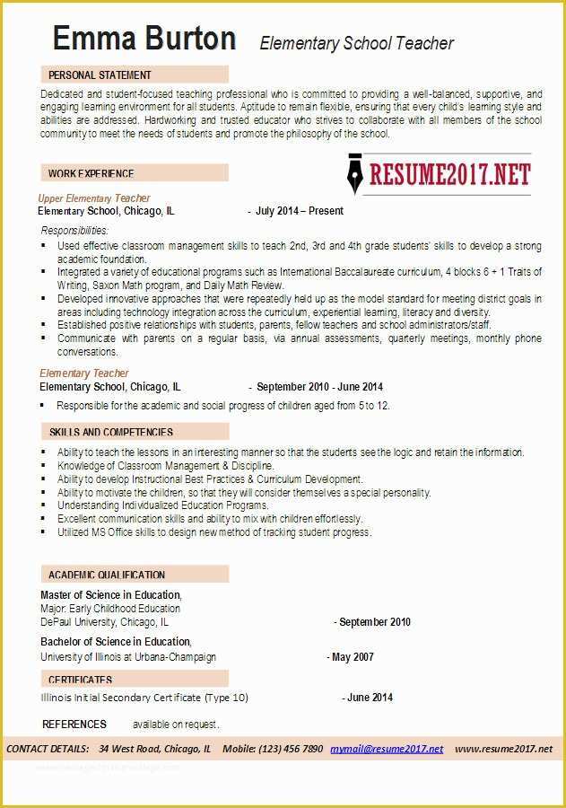 Resume Free Template 2017 Of Elementary School Teacher Resume Examples 2017