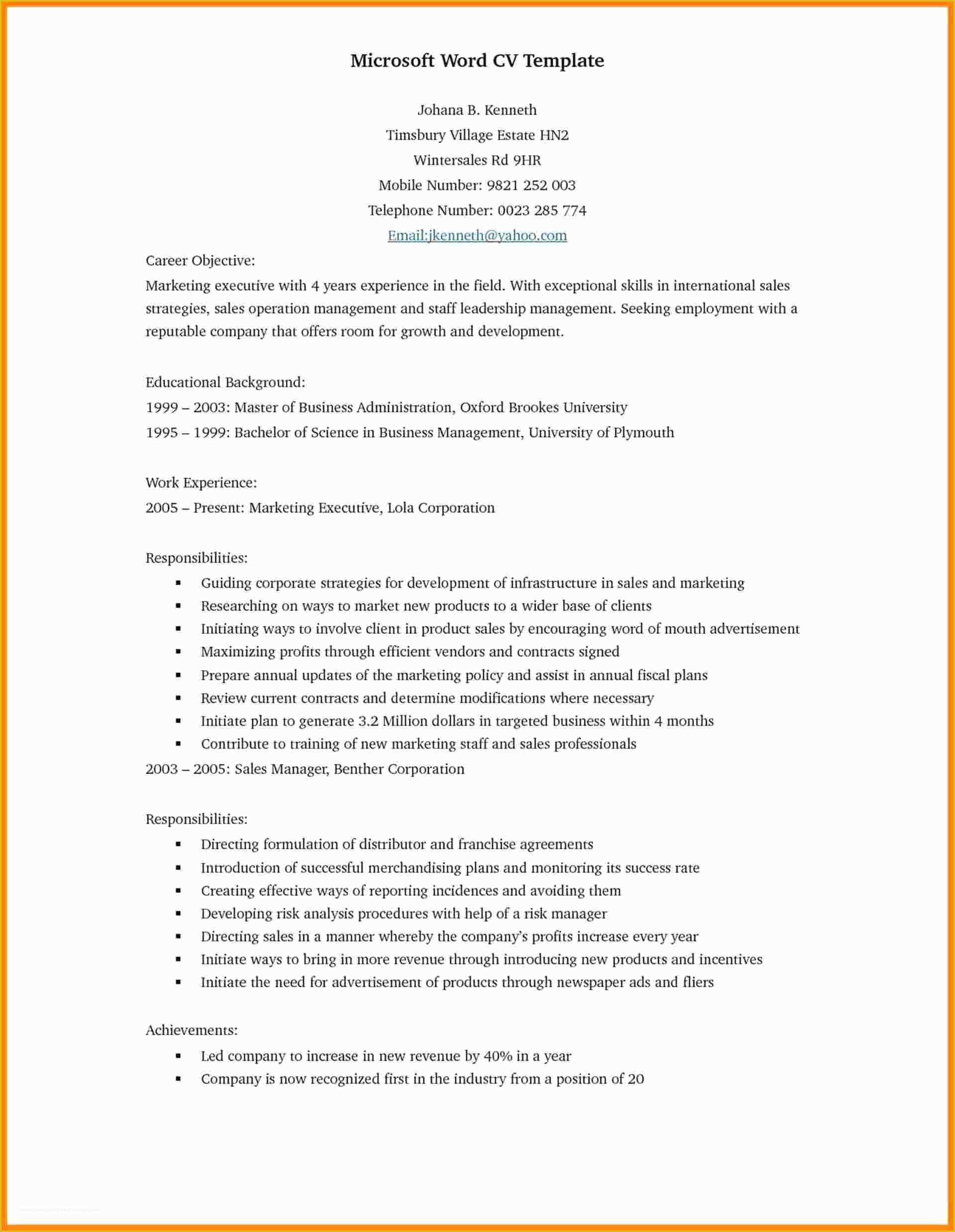 Resume Template Word Doc Free Of 5 Cv Samples Word File