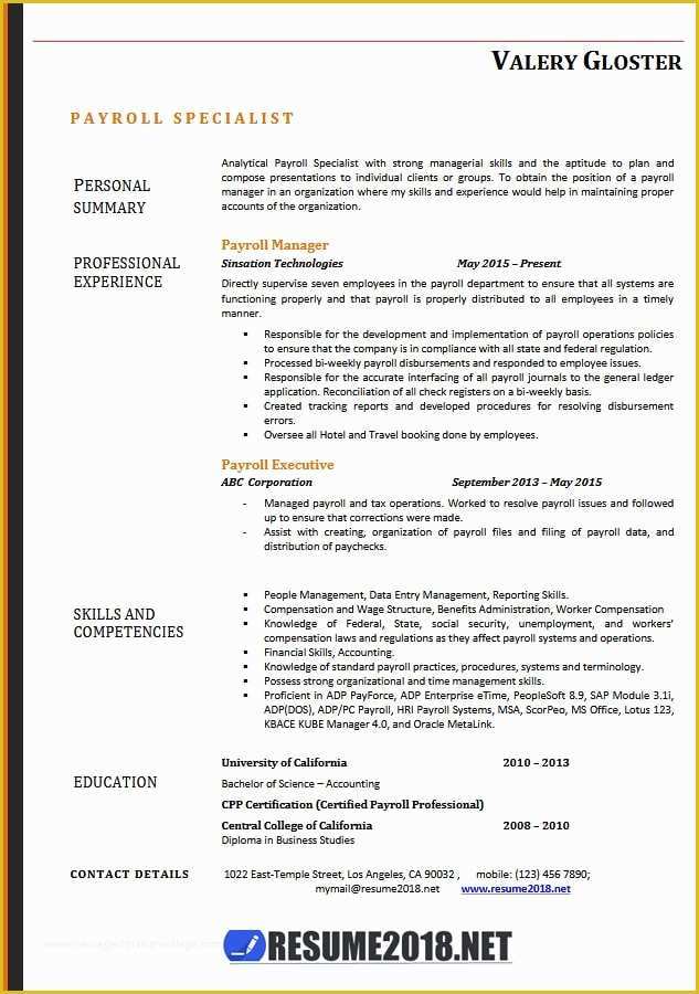 Resume Templates 2018 Free Of Payroll Specialist Resume Templates 2018 Resume 2018