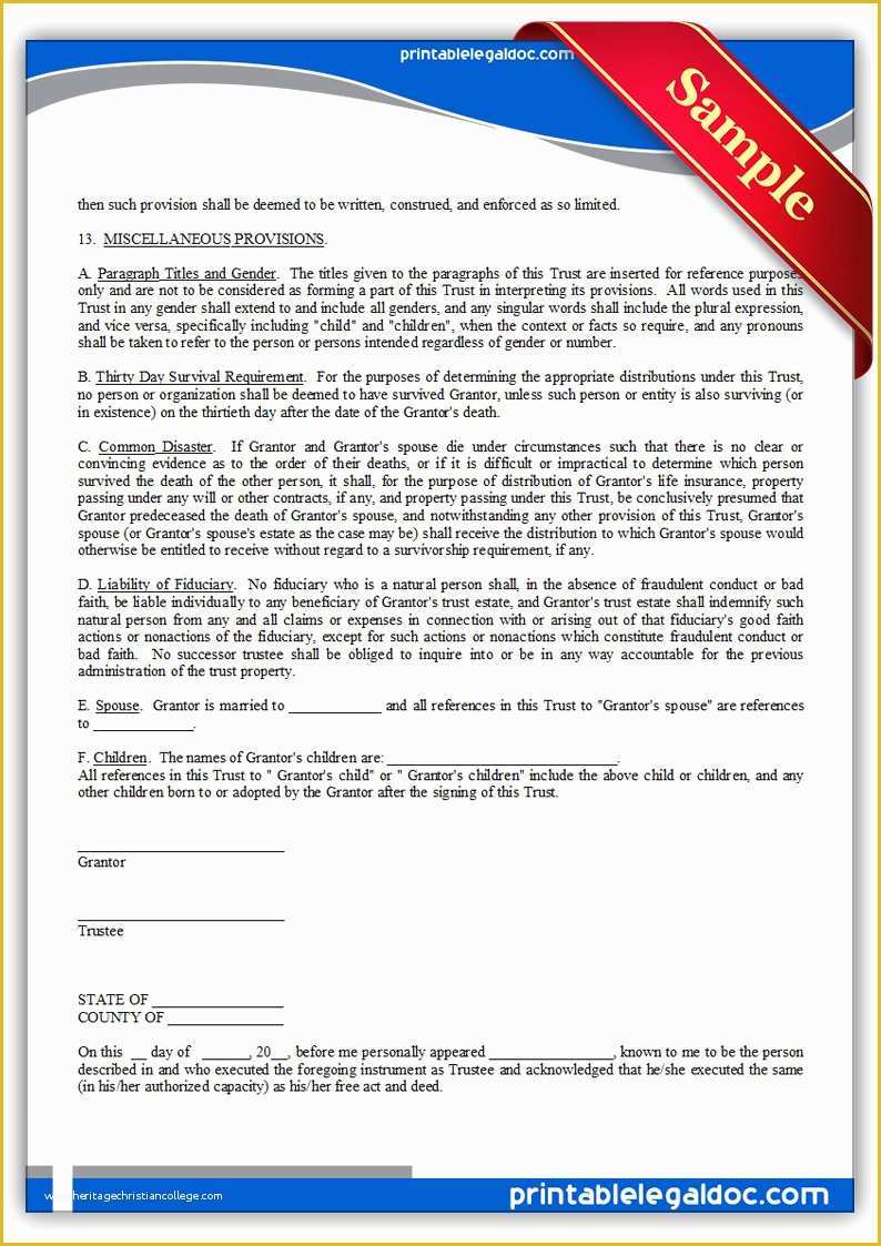 Revocable Trust Template Free Of Free Printable Living Trust form Generic