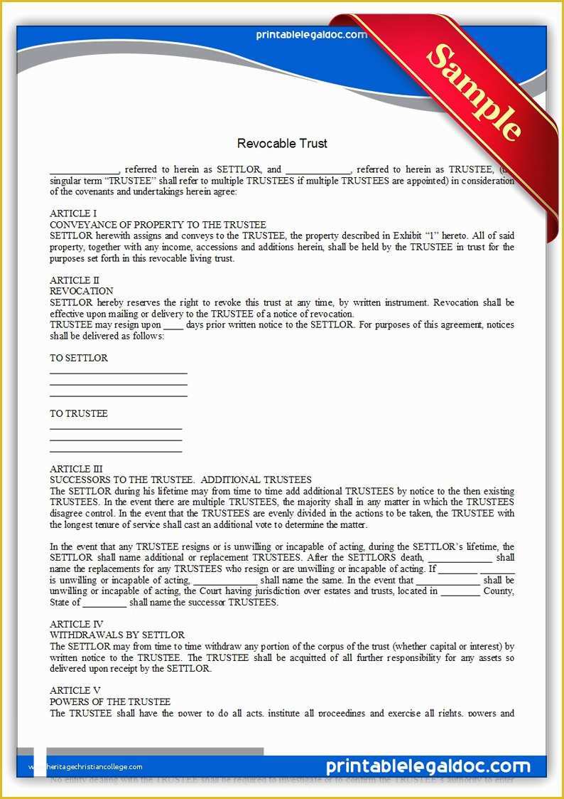 Revocable Trust Template Free Of Free Printable Revocable Trust form Generic