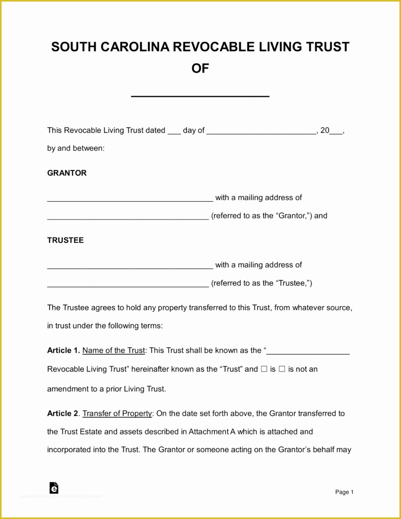 Revocable Trust Template Free Of Free south Carolina Revocable Living Trust form Word