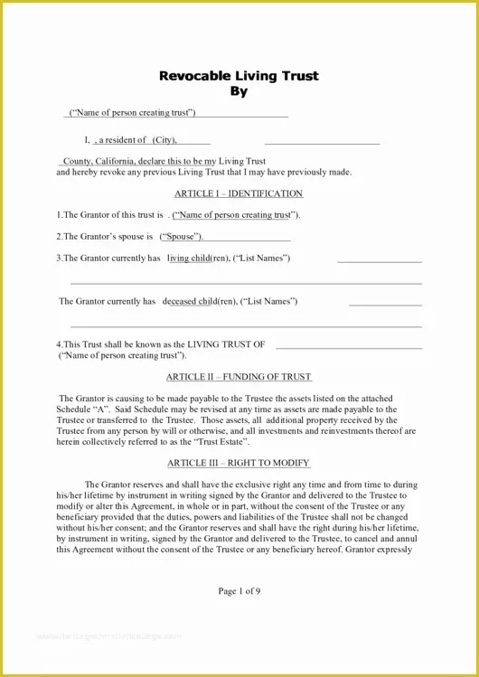 Revocable Trust Template Free Of Revocable Living Trust form Printable Pdf