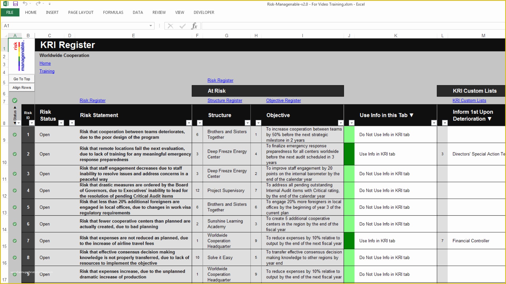 Risk Register Excel Template Free Of Risk Template In Excel Training • Overview Kri Register Tab