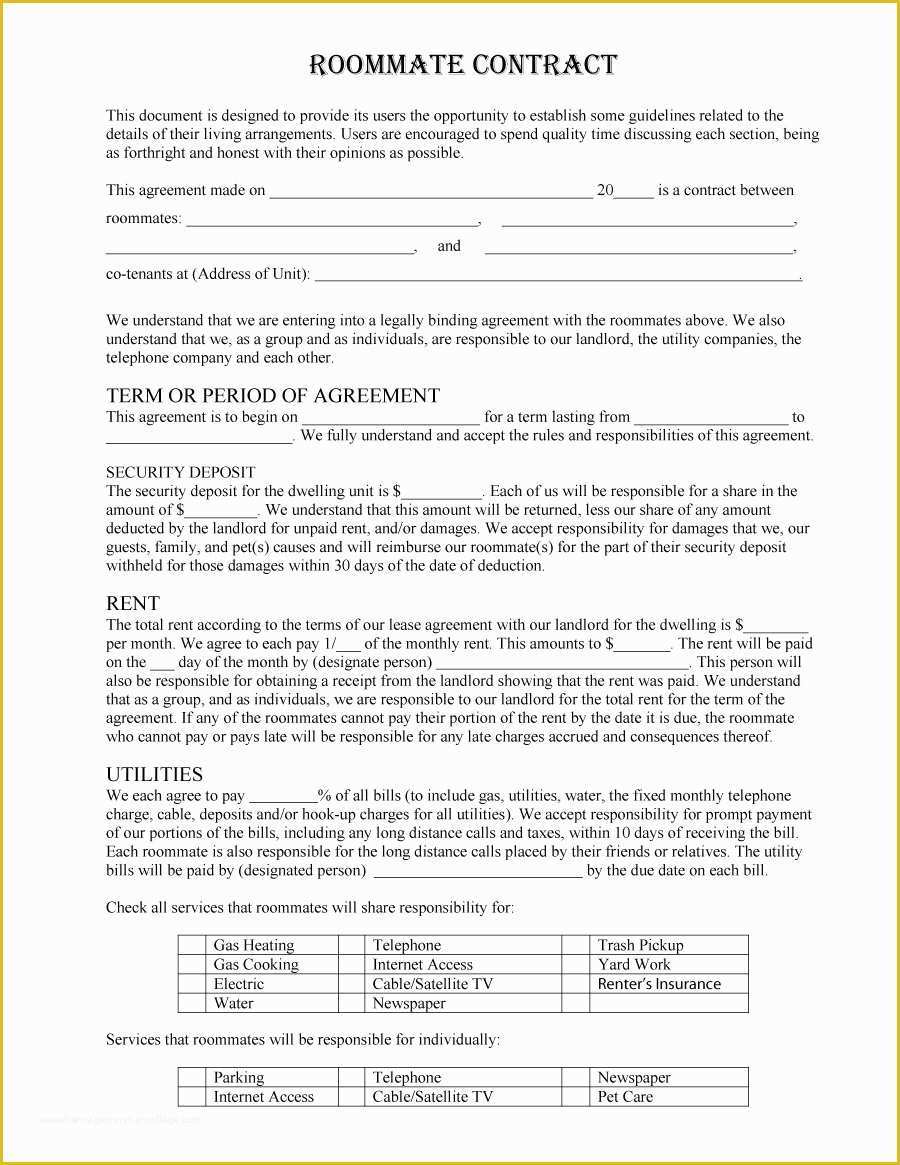 Roommate Lease Agreement Template Free Of 40 Free Roommate Agreement Templates & forms Word Pdf