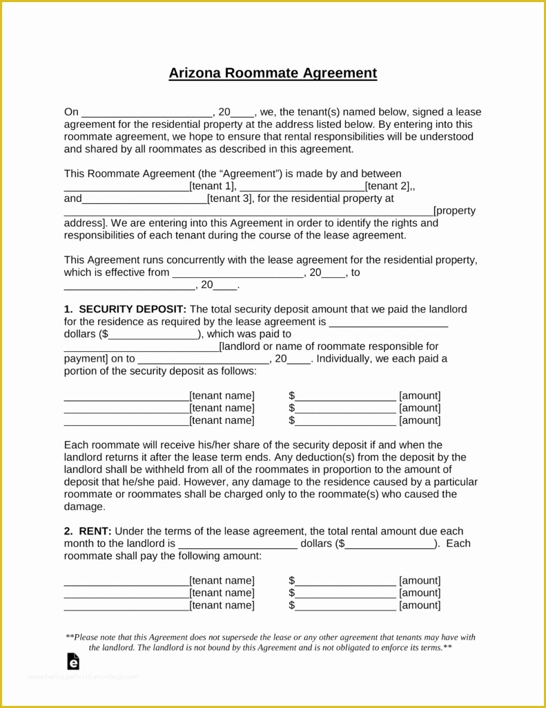 Roommate Lease Agreement Template Free Of Free Arizona Room Rental Roommate Agreement Template