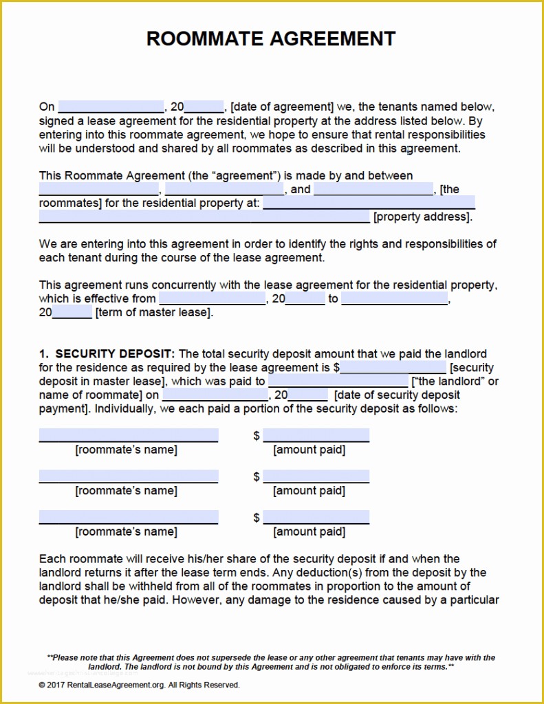 Roommate Lease Agreement Template Free Of Free Roommate Agreement Template form – Adobe Pdf – Ms Word