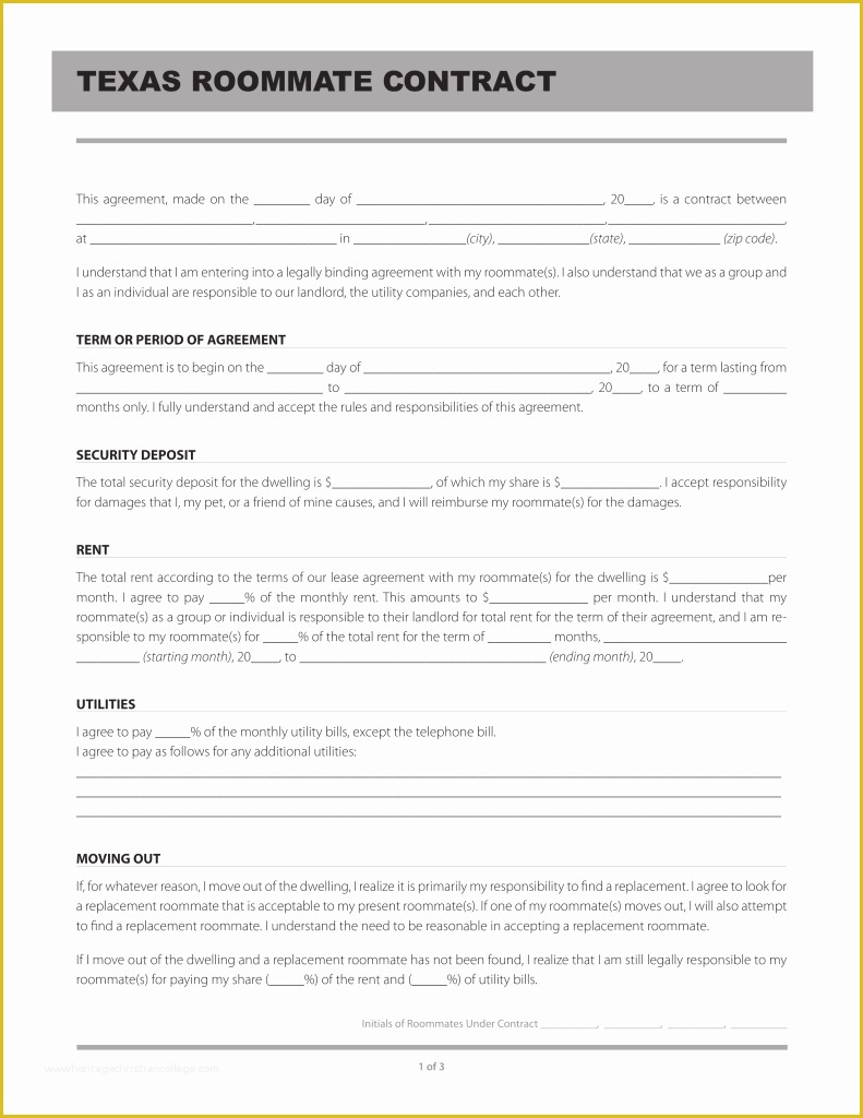 Roommate Lease Agreement Template Free Of Free Texas Roommate Agreement Template Pdf