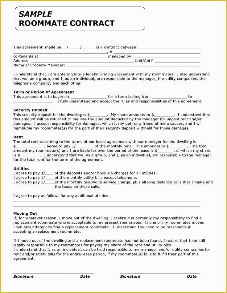 Roommate Lease Agreement Template Free Of Printable Sample Roommate Agreement form