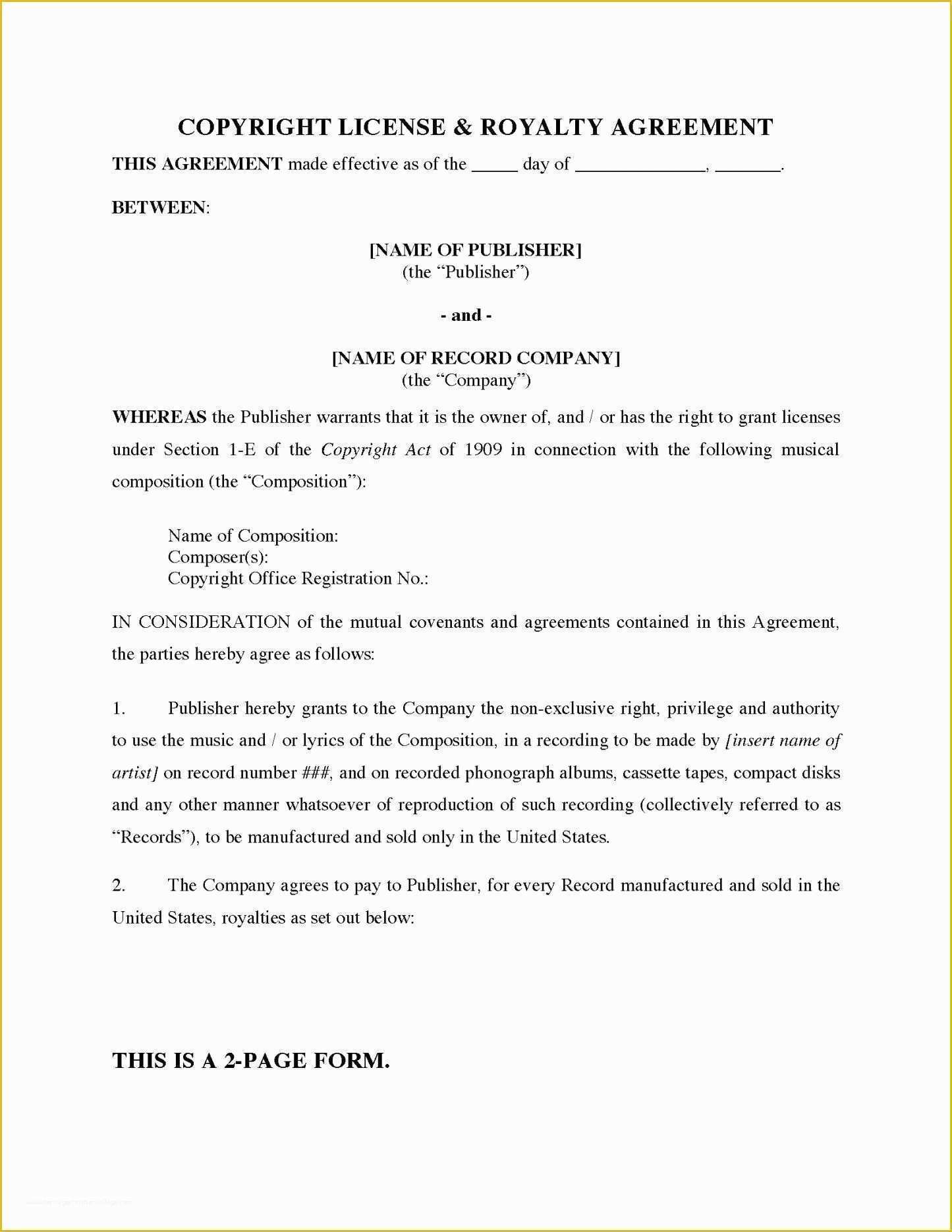 Royalty Free Music License Agreement Template Of Royalty License Agreement Template