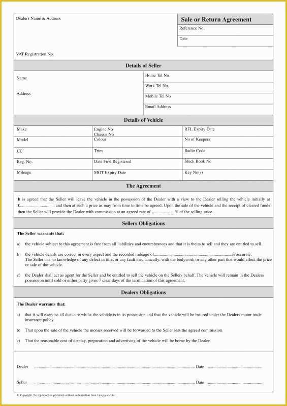 Sale or Return Agreement Template Free Of Sale or Return Agreement for Used Car Sales