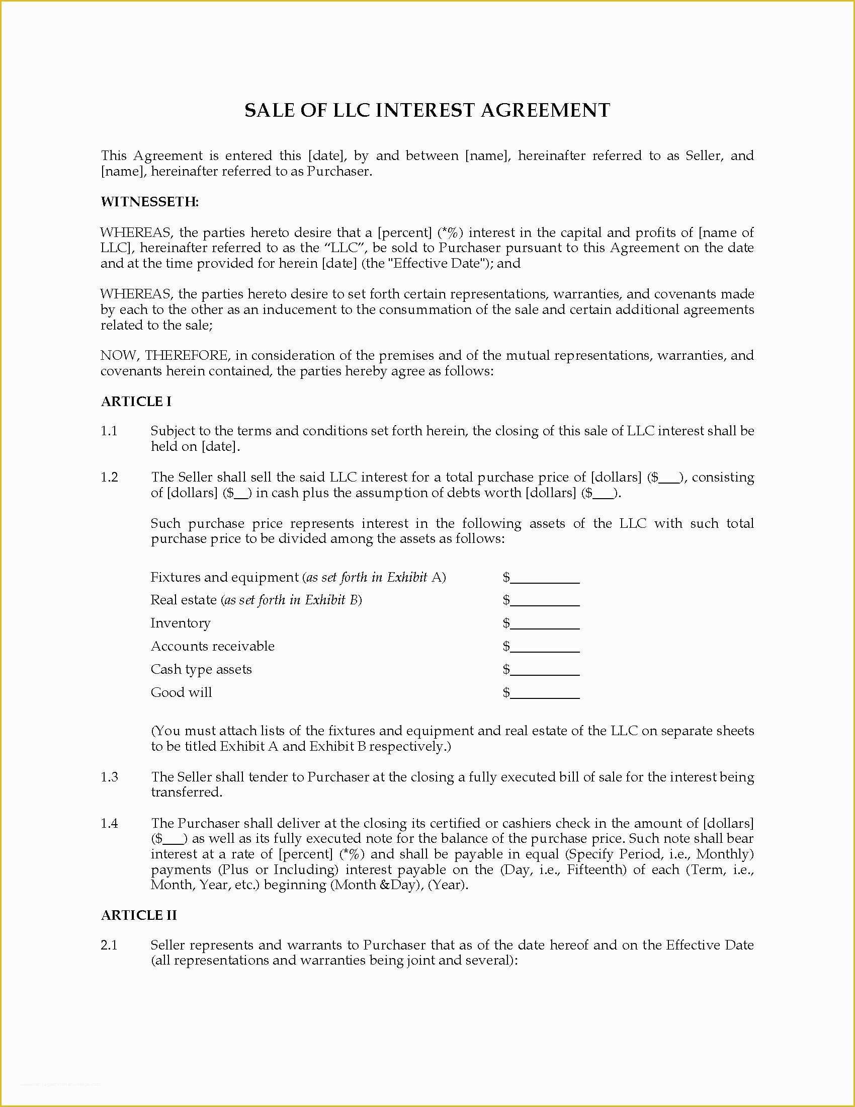 Sale or Return Agreement Template Free Of Usa Sale Of Llc Interest Agreement