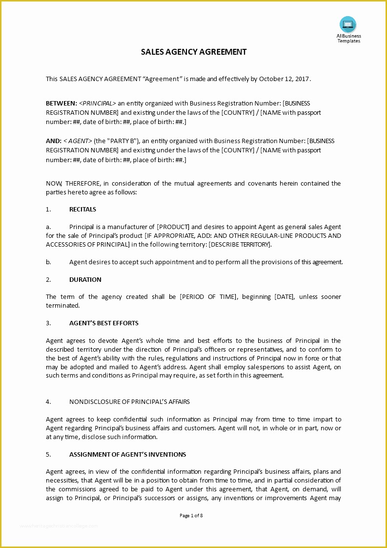 Sales Agency Agreement Template Free Of Sales Agency Agreement