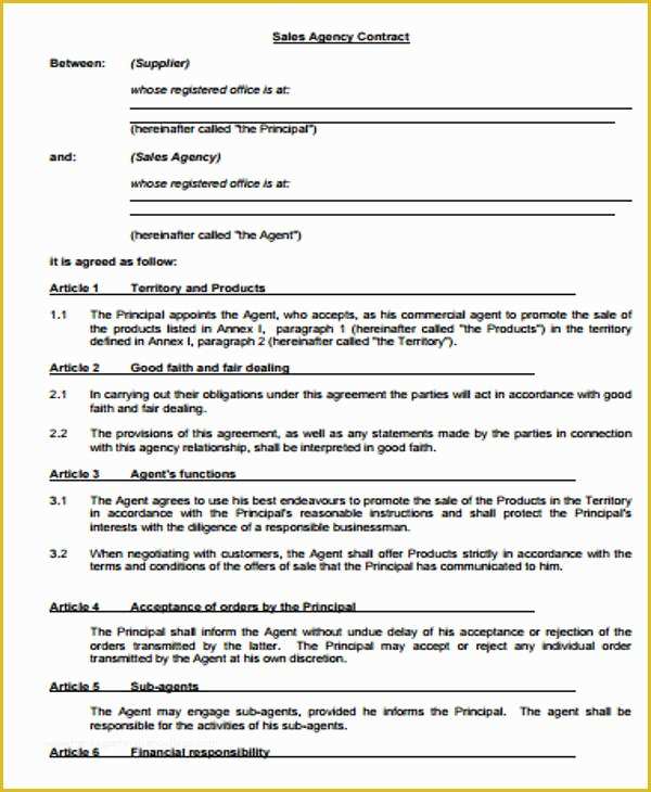 Sales Agency Agreement Template Free Of Sample Agent Contract Agreement 9 Examples In Word Pdf