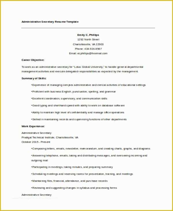 Secretary Resume Templates Free Of 10 Secretary Resume Templates Free Sample Example