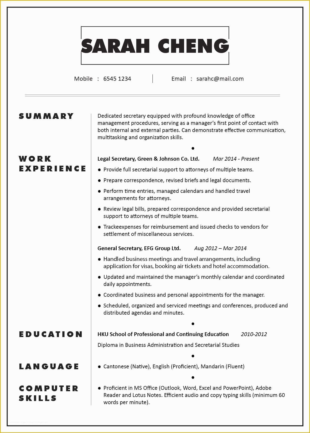 Secretary Resume Templates Free Of Cv & Profile Sample – Secretary