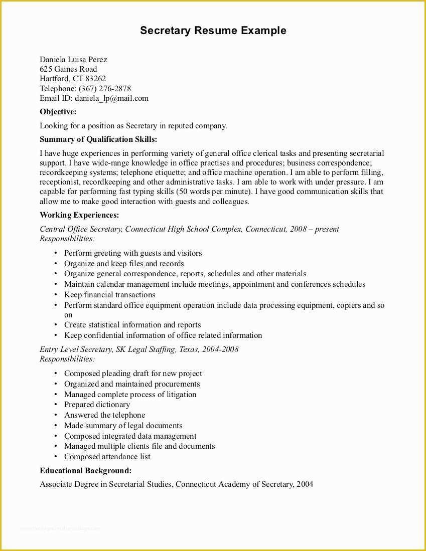 Secretary Resume Templates Free Of High School Secretary Resume Sample – Perfect Resume format