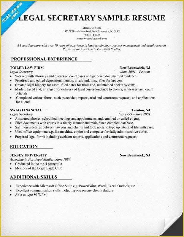 Secretary Resume Templates Free Of Legal Secretary Resume Sample Resume Panion