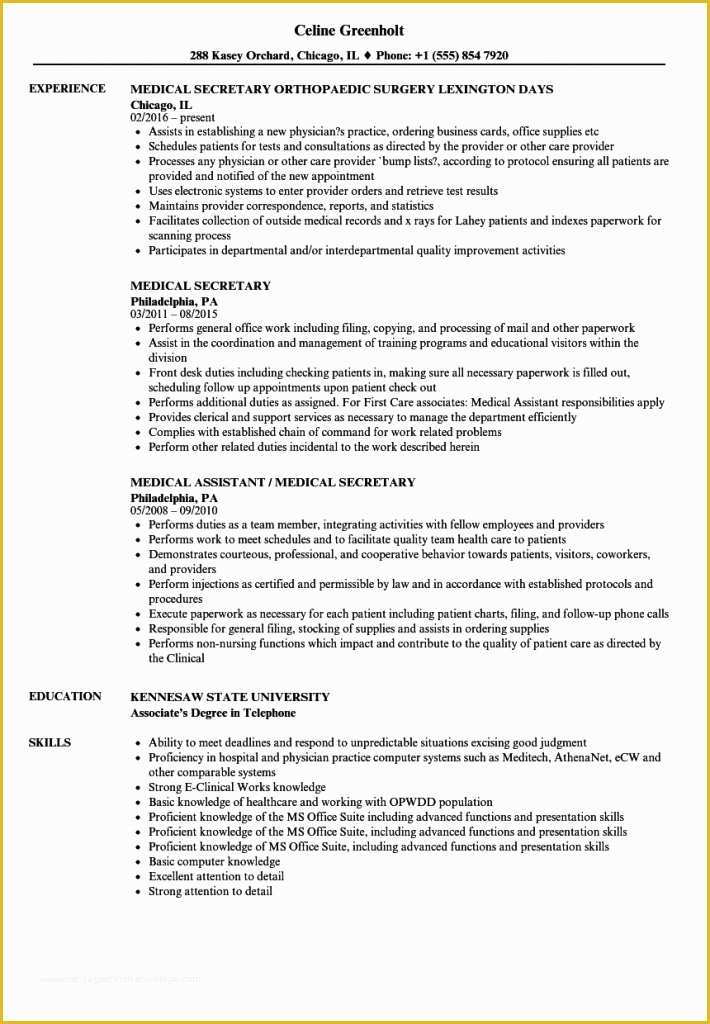 Secretary Resume Templates Free Of Medical Secretary Resume Template