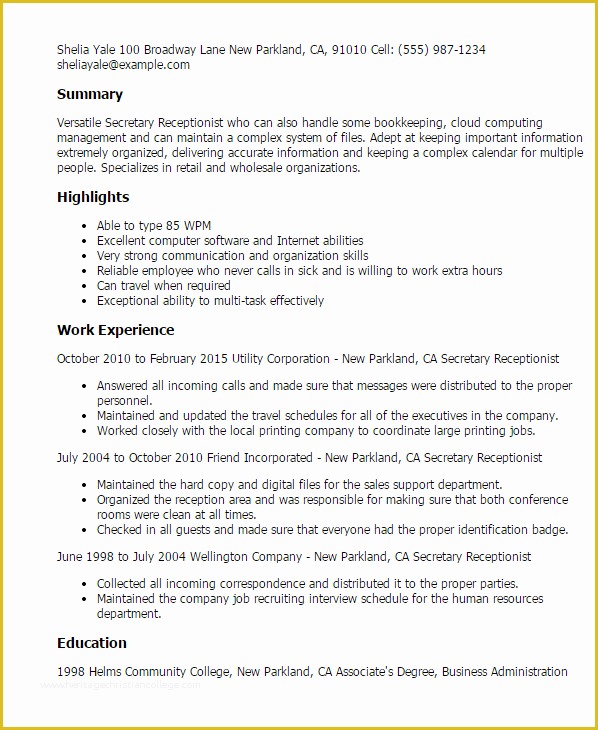 Secretary Resume Templates Free Of Professional Secretary Receptionist Templates to Showcase