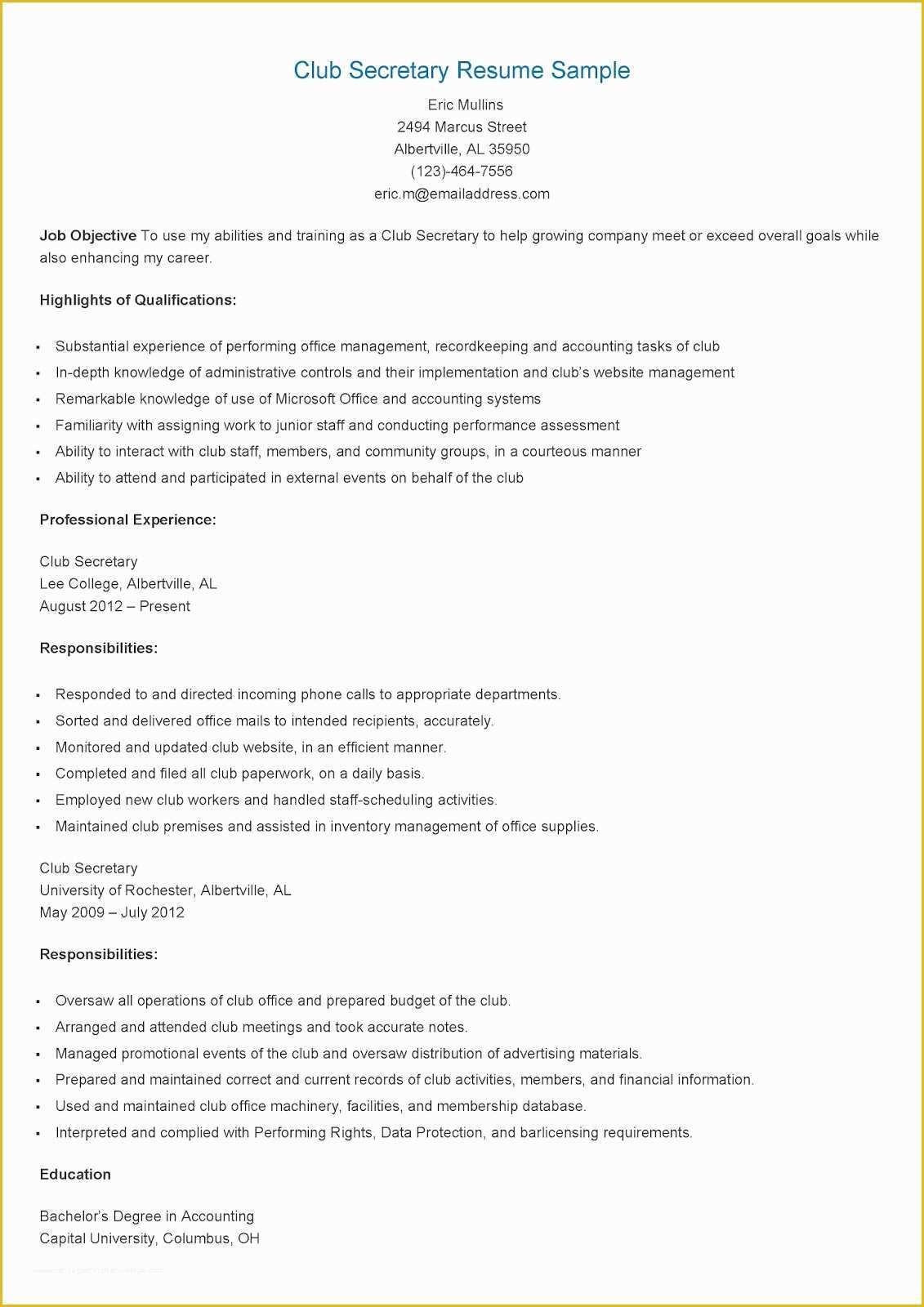 Secretary Resume Templates Free Of Resume Samples Club Secretary Resume Sample