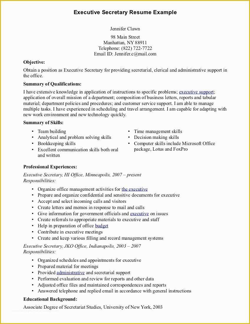 Secretary Resume Templates Free Of Resume Secretary