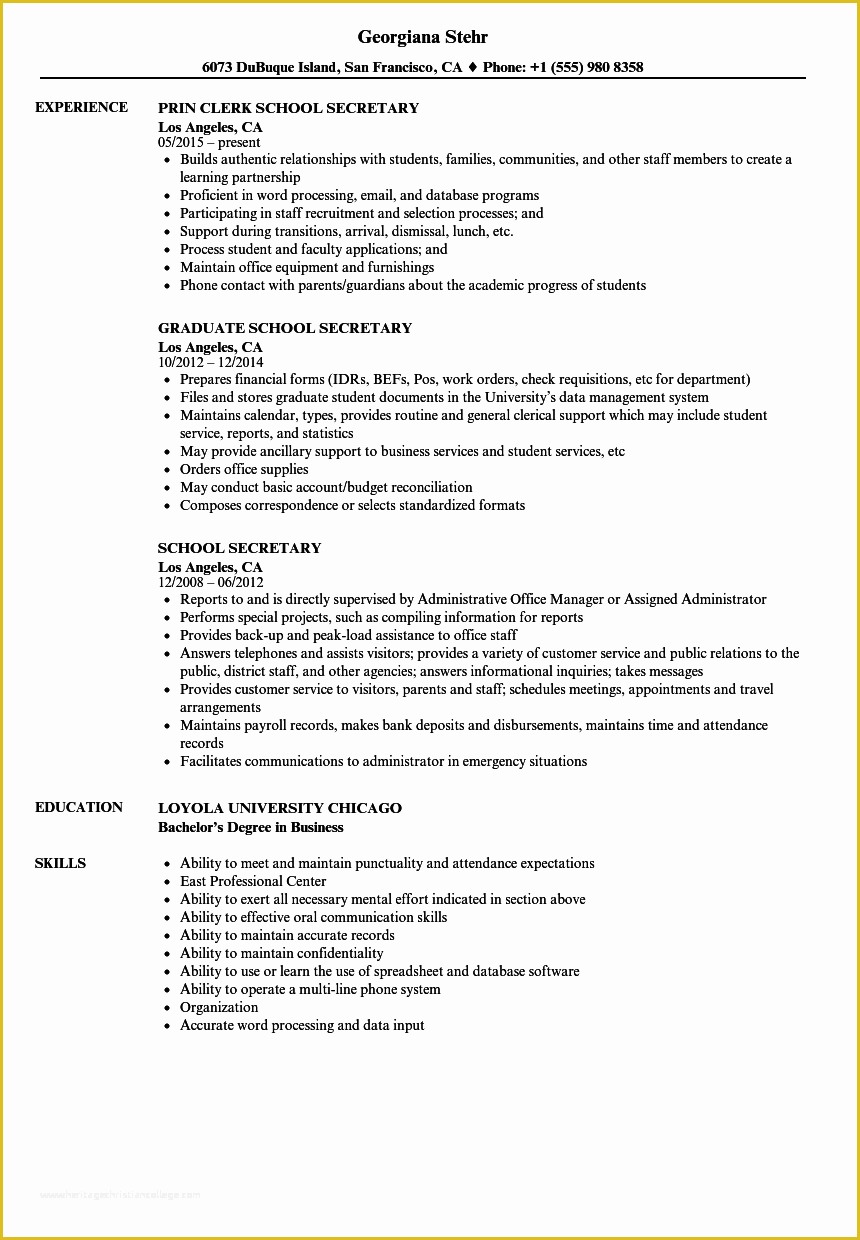 Secretary Resume Templates Free Of School Secretary Resume Samples