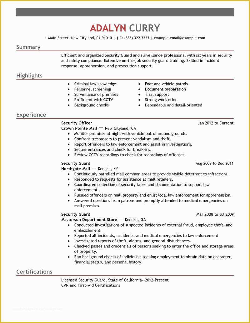 Security Resume Template Free Of Best Security Guard Resume Example