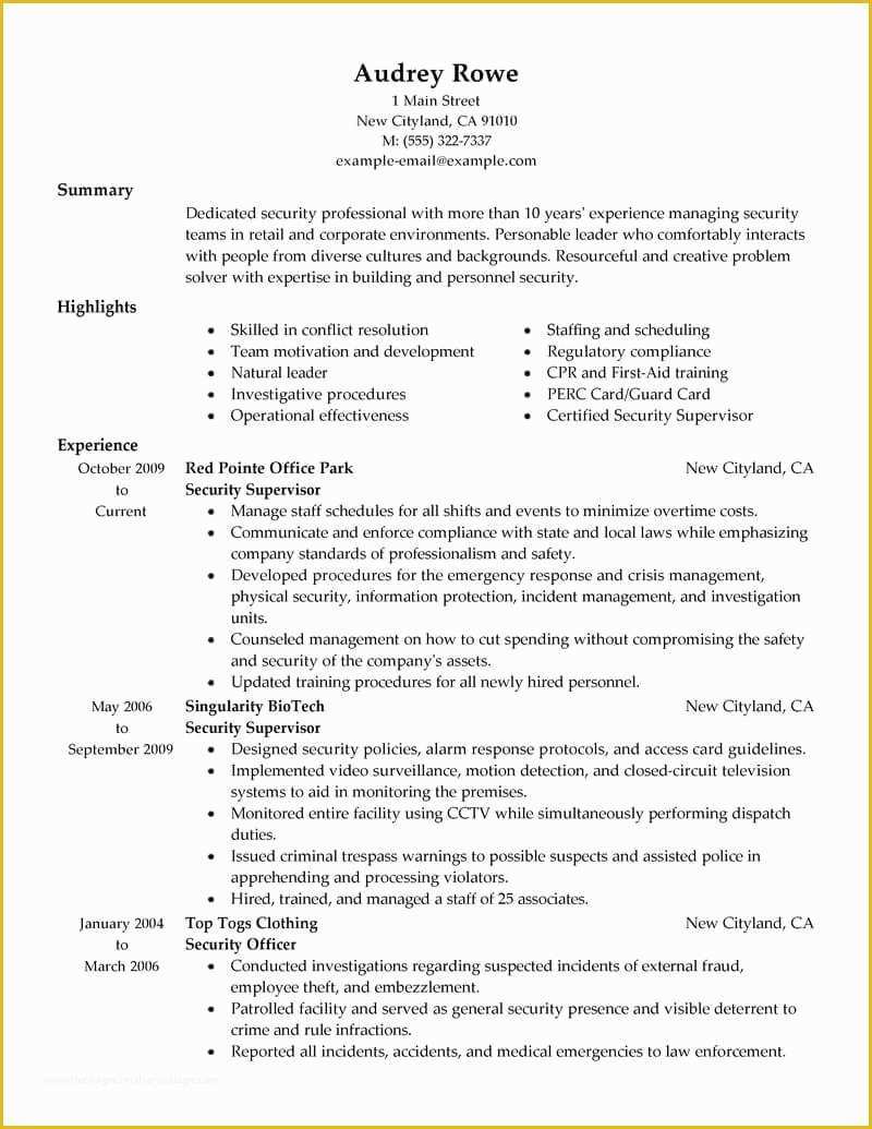 Security Resume Template Free Of Best Security Supervisor Resume Example