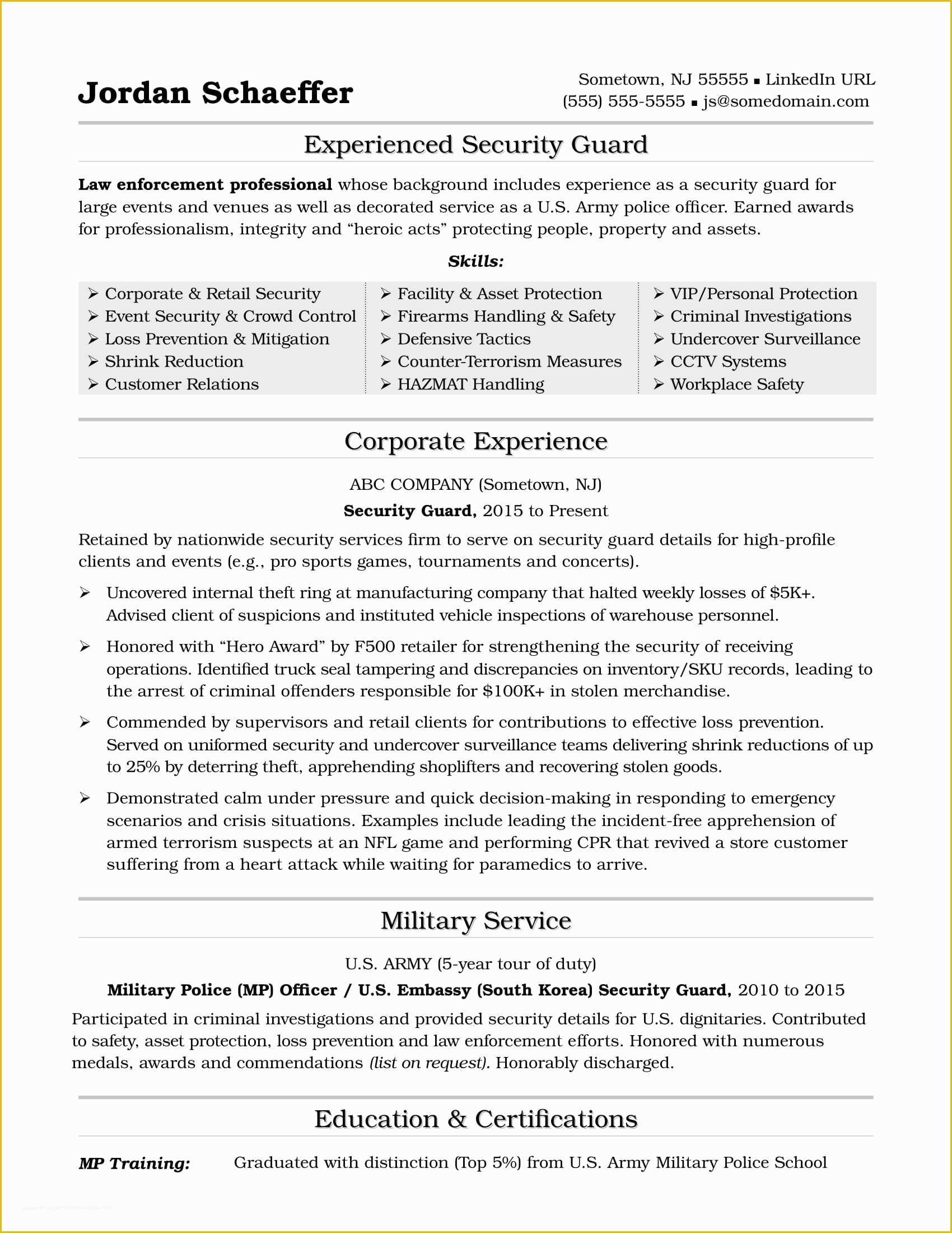 Security Resume Template Free Of Sample Security Guard Resume No Experience Best