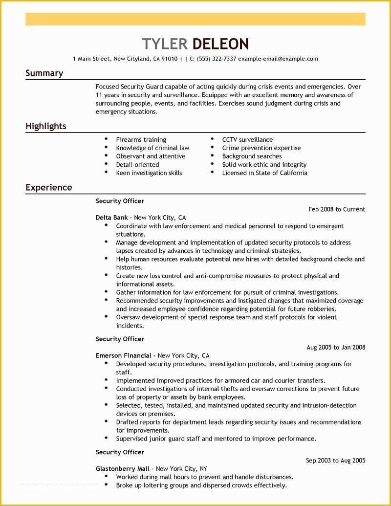 Security Resume Template Free Of Security Ficer Resume Examples