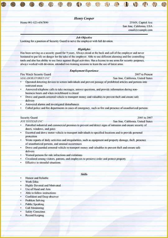 Security Resume Template Free Of Security Guard Resume Example for Microsoft Word C