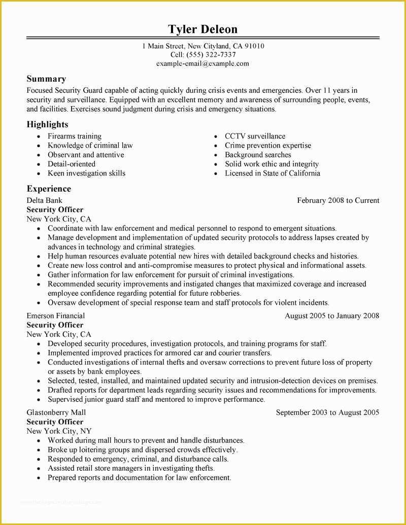 Security Resume Template Free Of Security Guard Resume Sample Security Guard Resume