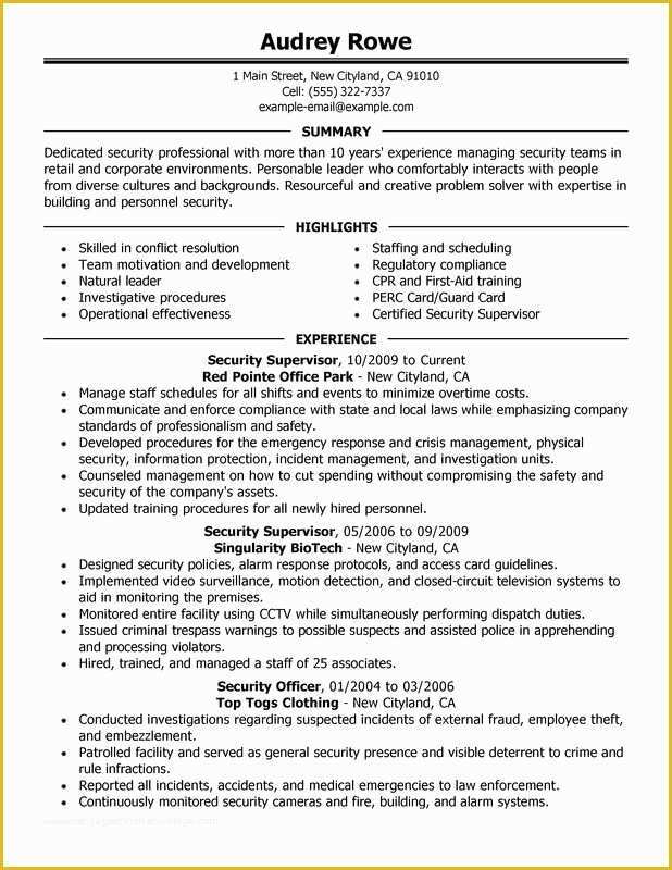 Security Resume Template Free Of Unfor Table Security Supervisor Resume Examples to Stand
