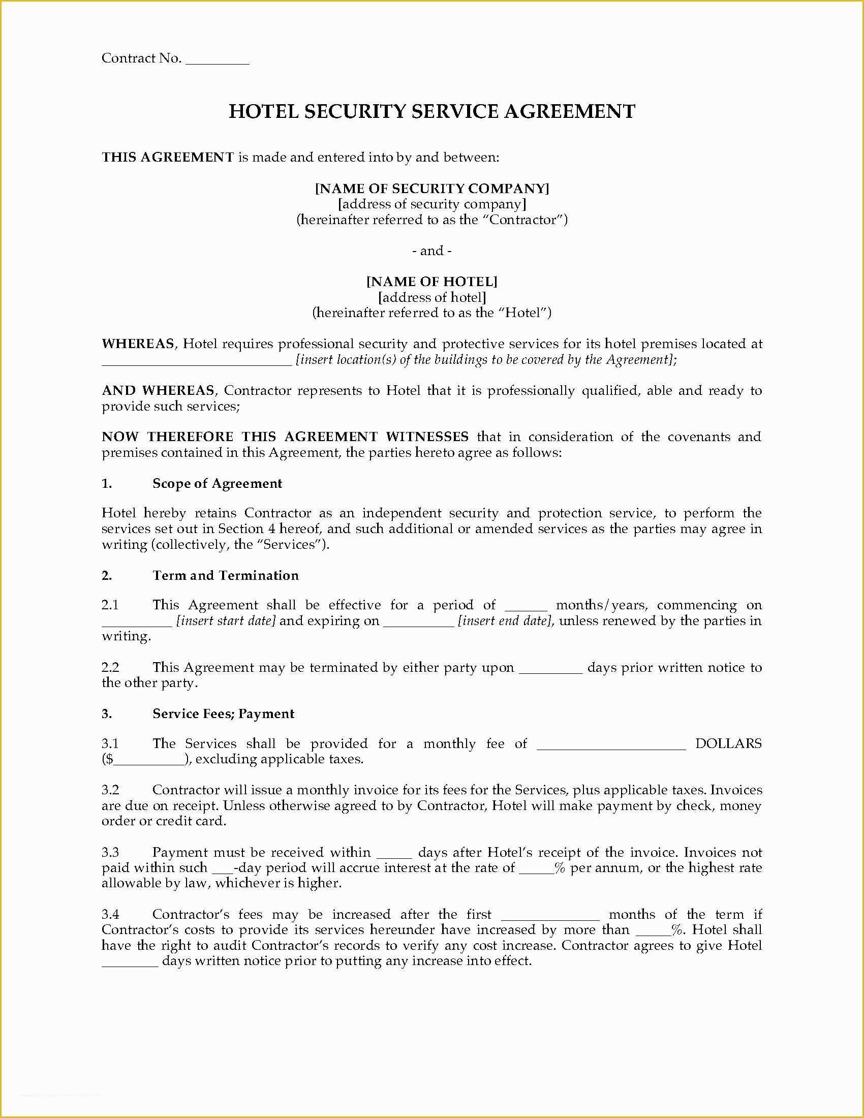Security Service Contract Template Free Of Hotel Security Services Agreement