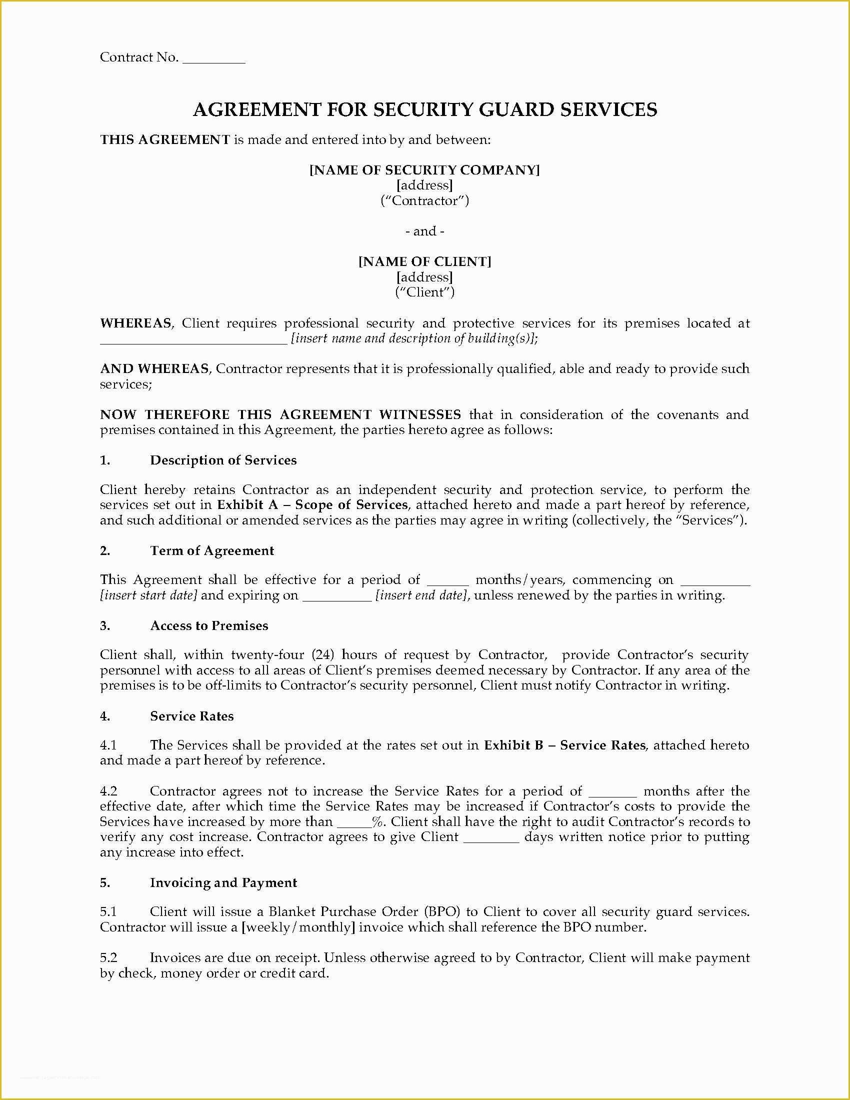 Security Service Contract Template Free Of Usa Security Guard Services Agreement