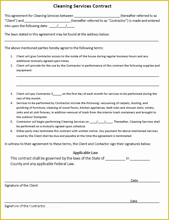 Service Agreement Template Free Of House Cleaning Contract Example Cleaning Service Agreement
