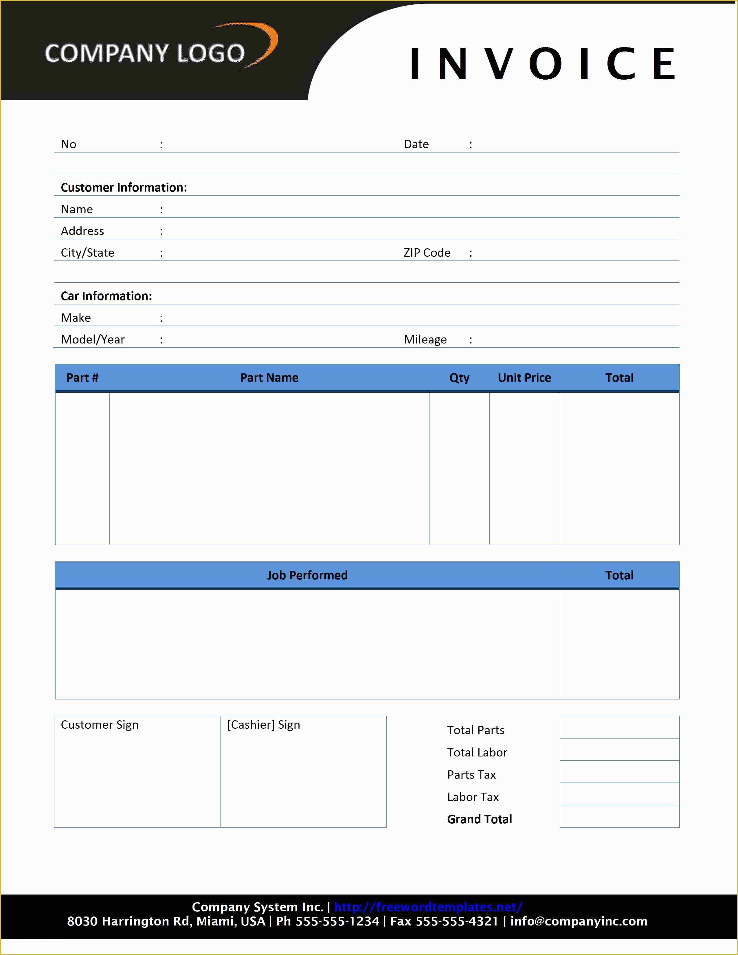 Service Invoice Template Free Of Auto Repair Invoice