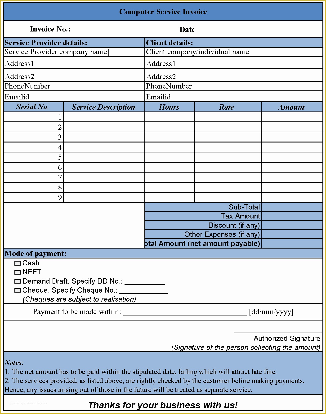 Service Invoice Template Free Of Home Repair Invoice Editable Download