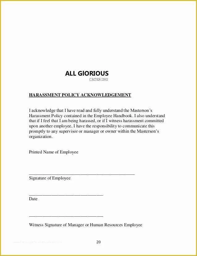 Sexual Harassment Policy Template Free Of Employee Handbook Acknowledgement Receipt to