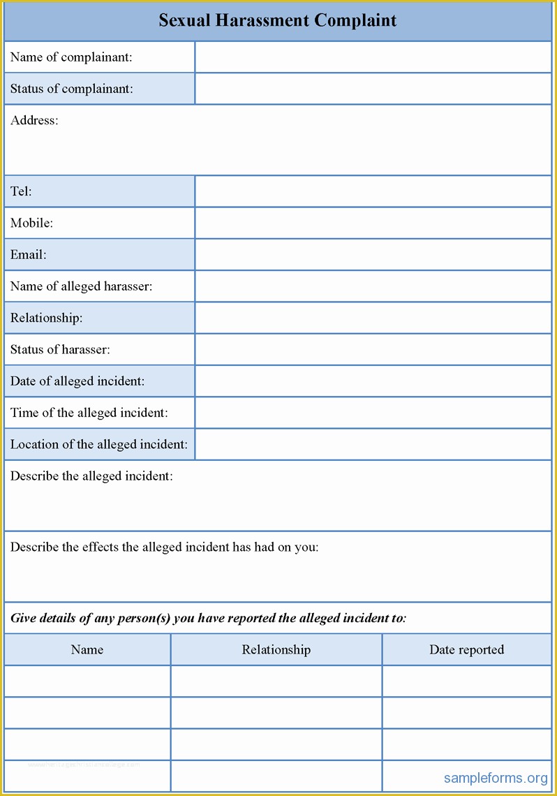 Sexual Harassment Policy Template Free Of Ual Harassment Plaint form Sample forms