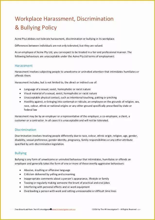 Sexual Harassment Policy Template Free Of Workplace Harassment Discrimination & Bullying Policy