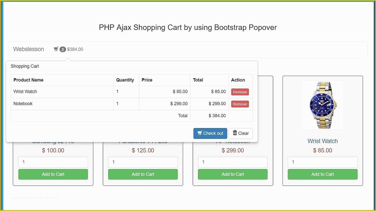 Shopping Cart Template Free Download In PHP Of Ajax Shopping Cart In PHP Using Bootstrap Popover