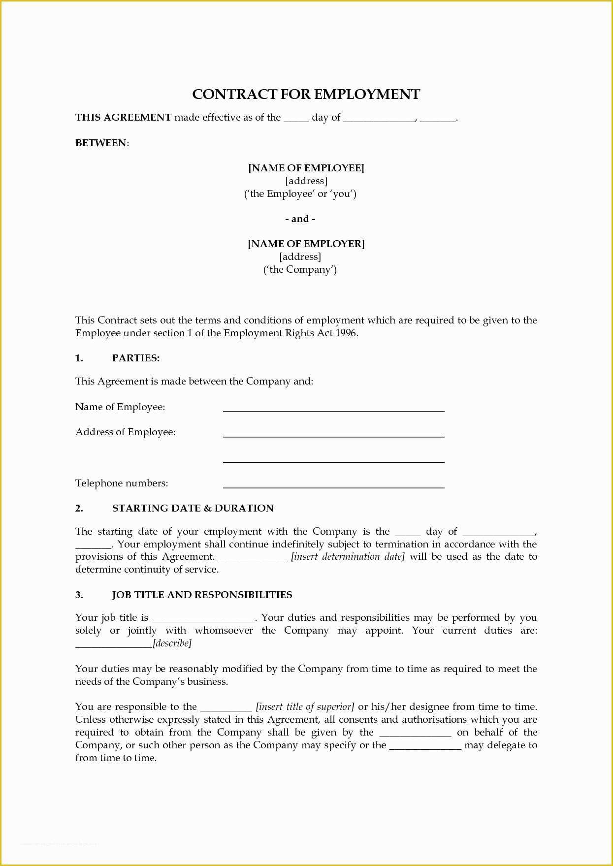 Simple Employment Contract Template Free Of Basic Employment Contract Template Uk Templates Resume