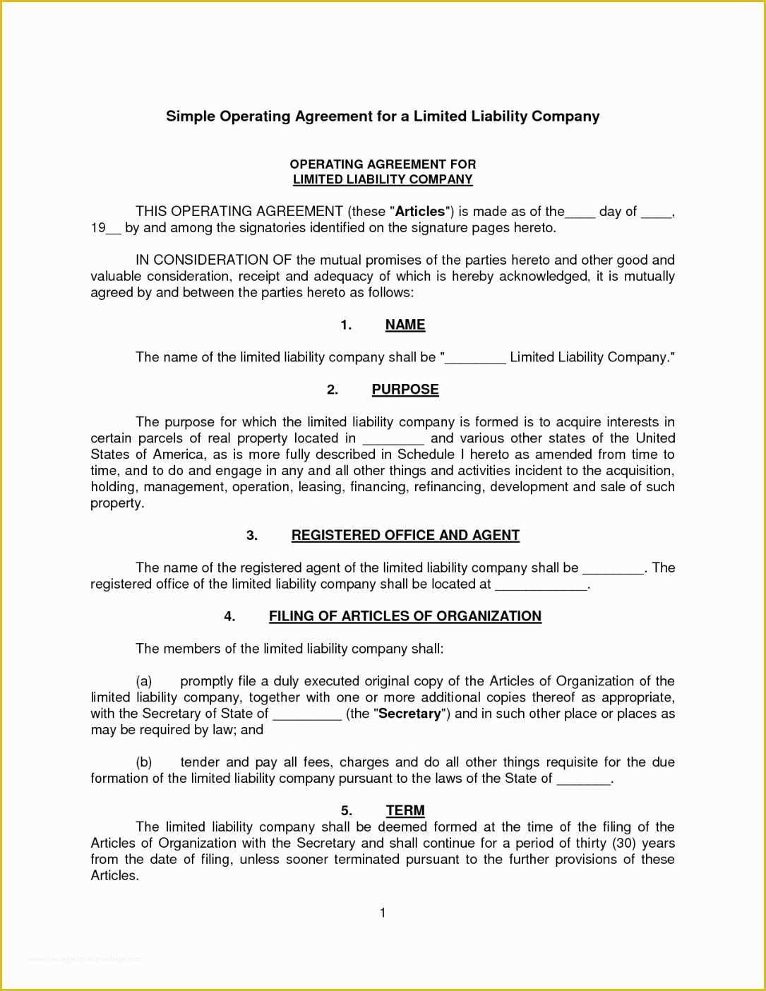 Simple Llc Operating Agreement Template Free Of Llc Partnership Agreement Template Free Download